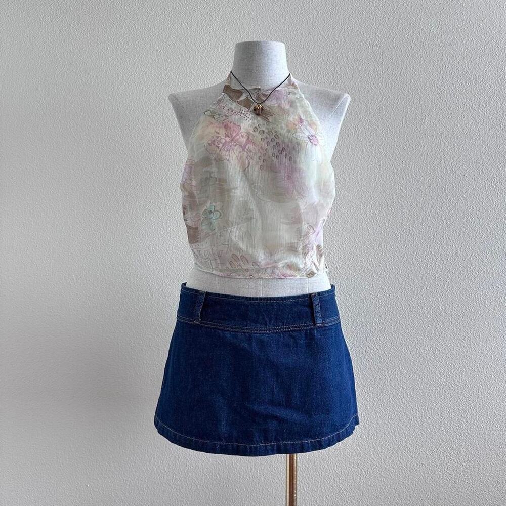 green-pink silk blend sheer halter top with a floral pattern